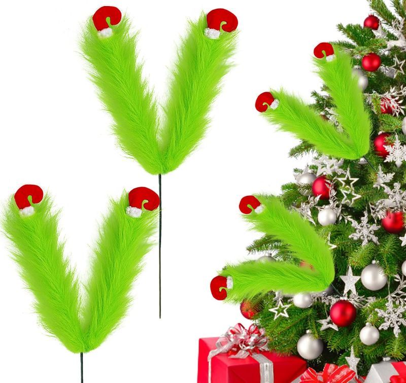 Photo 1 of 2 Pcs Christmas Tree Picks 27 Inch,Green Furry Legs for Christmas Tree Topper Wreath Vase Filler,Green Feet Christmas Tree Decorations
