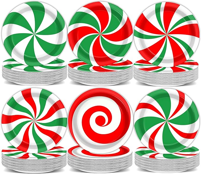 Photo 1 of 120 Pcs Christmas Peppermint Candy Paper Plates 9 Inch Xmas Candy Mint Plates Red Green Disposable Dinnerware Tableware Holiday Dinner Dessert Plates for Birthday Party Decoration Supplies
