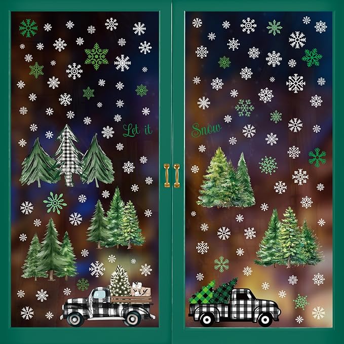 Photo 1 of 134 PCS Christmas Window Stickers Black and White Buffalo Plaid Truck, Snowflake Pine Double-Sided Christmas Stickers Suitable for Christmas Party Home School Office Window Stickers
