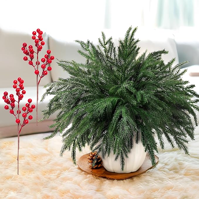 Photo 1 of 12 Pcs Christmas Artificial Pine Branches with Red Berry Stems, 18.3" Fake Real Touch Norfolk Pine Cypress Leaves Stems, Faux Foliage Pine Needles Picks for DIY Craft Garland Home Decor
