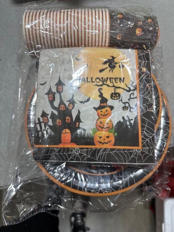 Photo 1 of Heaubls 100Pcs Halloween Paper Plates and Napkins, Halloween Party Decorations Supplies Set for Orange Black Pumpkin Skeleton Witch Spooky Disposable Party Dinnerware Serves 25