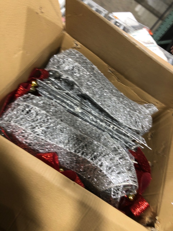 Photo 1 of Briwooody 3 Piece Lighted Christmas Reindeer and Sleigh 4 ft Reindeer and Sleigh Outdoor Decorations Yard Decorations with LED Lights and Bow Tie for Yard, Garden, Lawn Decoration(Silver,Metal)