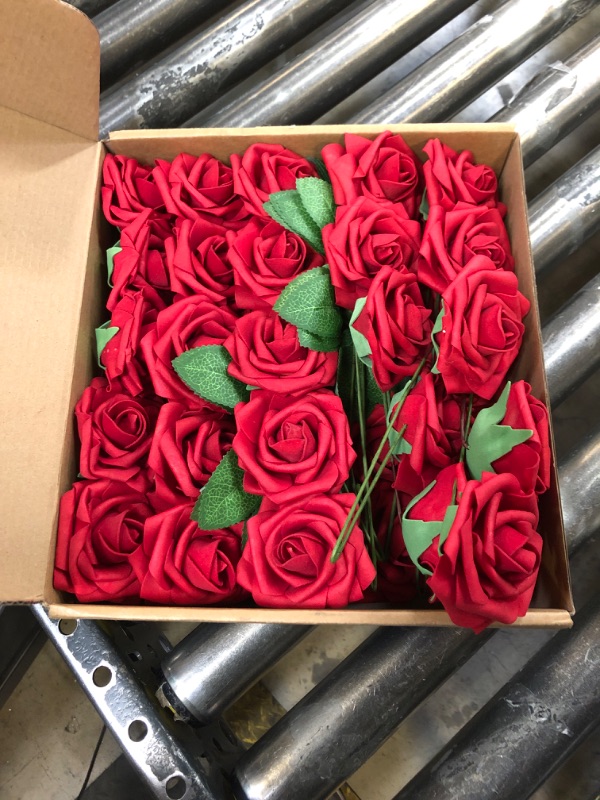 Photo 2 of AmyHomie Artificial Flowers Red Rose 50pcs Real Looking Fake Roses w/Stem for DIY Wedding Bouquets Centerpieces Arrangements Party Baby Shower Home Decorations