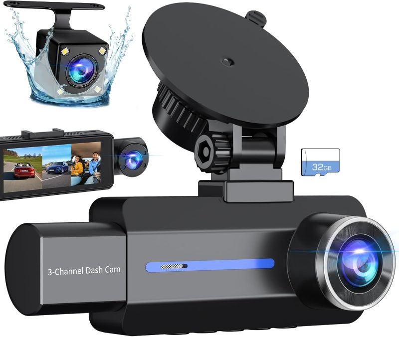 Photo 1 of 3 Channel 2.5K Dash Cam, 1440P Dash Cam Front and Rear Inside, Dash Camera for Cars, Triple Car Camera with 32GB Card, G-Sensor, 24Hr Parking, 170°Wide Angle, Loop Recording, IR Night Vision, Blue
