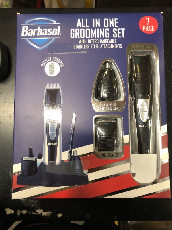 Photo 2 of Barbasol Portable Battery Powered All in 1, 7 Piece Beard Grooming Set with Ear and Nose Trimmer, Foil Shaver and Beard Trimmer with Stainless Steel Blades and Stand