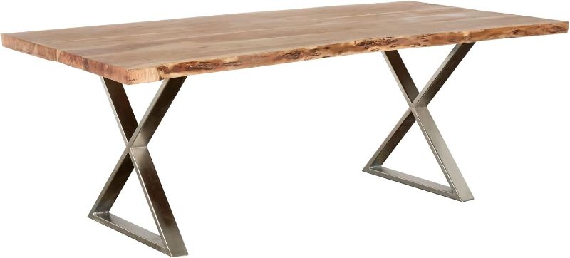 Photo 1 of Primo International Sutherland 70" Wood and Metal Dining Table - Rustic Acacia Wood Top, Water-Resistant Design, Chrome Metal Legs, Seats 6-8, Sustainable & Durable Dining Room Table
