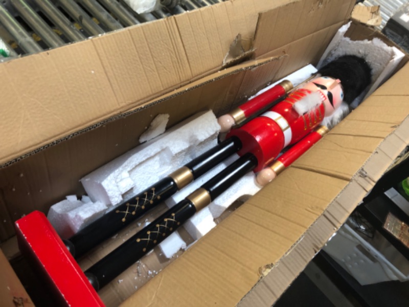 Photo 1 of Liliful 48 Inch 4 ft Tall Life Size Christmas Nutcracker King Giant Red and White Wooden Nutcracker Soldier with Golden Scepter Nutcracker Statue for Indoor Outdoor Xmas Commercial Decor (Soldier)