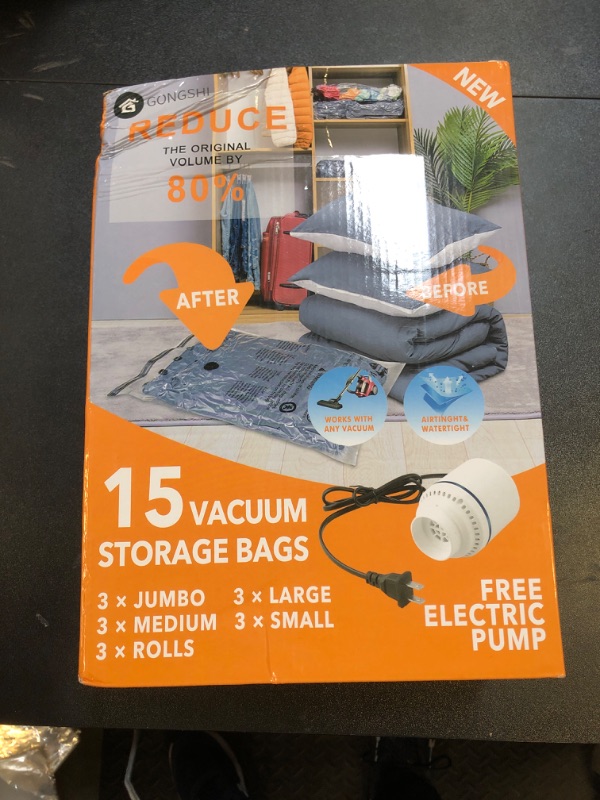 Photo 2 of 15 Pack Vacuum Storage Bags with Electric Pump (3 Jumbo, 3 Large, 3 Medium, 3 Small, 3 Roll Up), Space Saver Sealer Compression Bags for Blankets, Comforters, Pillows, Clothes Storage