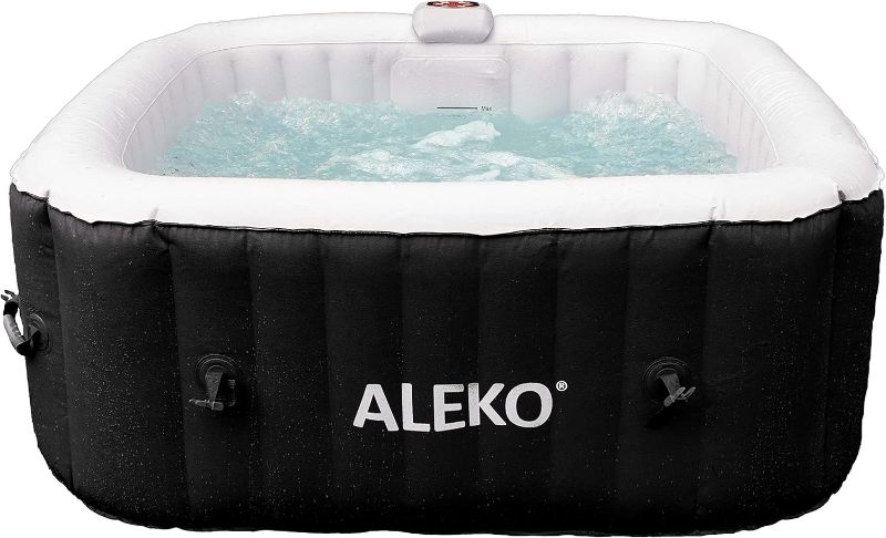 Photo 1 of ALEKO Inflatable Hot Tub Spa | Personal High Powered Jetted Bubble | with Fitted Cover and 3 Filters | 160 Gallon | 4 Person Square | Black and White | HTISQ4BKWH
