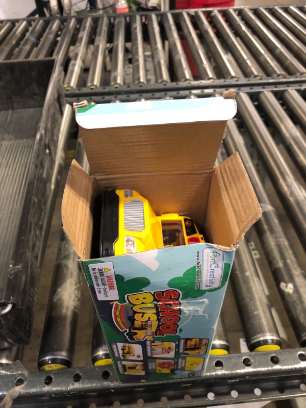 Photo 1 of ArtCreativity Yellow School Bus Toy with Flashing Lights & Sound, Friction Powered 1/16 Scale School Bus Toy for Kids with 4 Different Sounds & Lights, Back and Side Doors Open, for Toddler Ages 3+