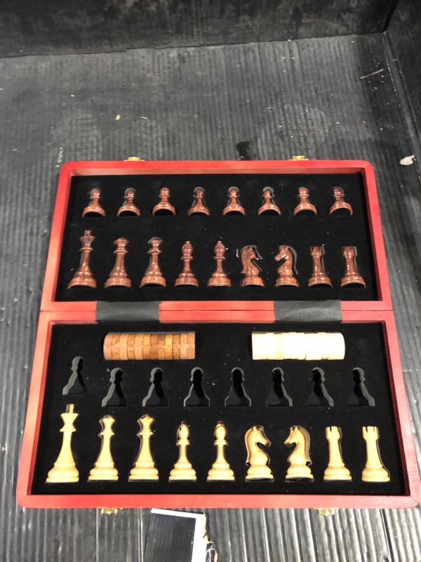 Photo 2 of 2 in 1 Acrylic+Metal Chess and Checkers Game Set- 15"Travel Portable Chess Set for Adults & Kids Including 24 Wooden Checkers, Complete Chess Pieces Folding Wooden Chess Board Set - Durable Chess Sets