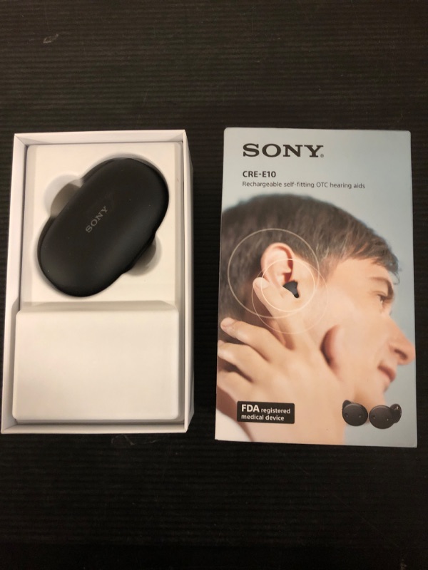 Photo 2 of Sony CRE-E10 Self-Fitting OTC Hearing Aids for Mild to Moderate Hearing Loss, Prescription-Grade Sound Quality, Comfortable Earbud Design, Bluetooth Enabled for iOS, and Rechargeable Battery, Black