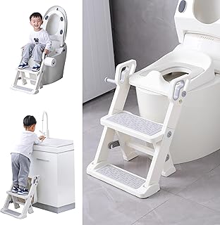 Photo 1 of 2 in1Potty Training Seat and Step Stool for Toddlers, for Kids Boys & Girls, Adjustable Height Potty Seats with TPE Anti-Slip Pad and Soft Cushion, Light Weight and Space Saving (White) https://a.co/d/5Frn53q