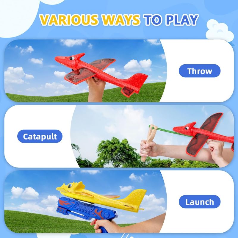 Photo 1 of 3 Pack Dino Airplane Launcher Toys, 2 Flight Modes Foam Glider Catapult Plane Toy for Boys, Outdoor Dinosaur Flying Toys Kids Birthday Gifts for Boys Girls Age 3 4 5 6 7 8 10-12 Years Old
