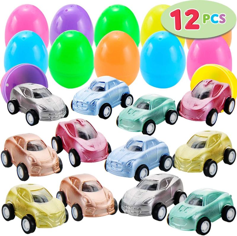 Photo 1 of 12 Pcs Filled Easter Eggs with Toy Cars, 2.25 Bright Colorful Easter Eggs Prefilled with Mini Pull Back Vehicles