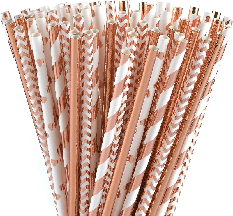 Photo 1 of ALINK Biodegradable Rose Gold Paper Straws Bulk, Pack of 100 Metallic Foil Striped/Wave/Heart Straws for Birthday, Wedding, Bridal/Baby Shower, Christmas Decorations and Party Supplies