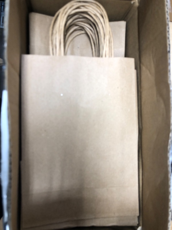 Photo 2 of 100 Pack 5.8x3.2x8.25 Inch Brown Kraft Paper Gift Bags with Handles - Bulk Small Plain Natural Bags for Birthday Party Favors, Grocery, Retail Shopping, Wedding, Craft, Goody, Takeouts, and Business 5.8x3.2x8.25 Inch (Pack of 100) Brown