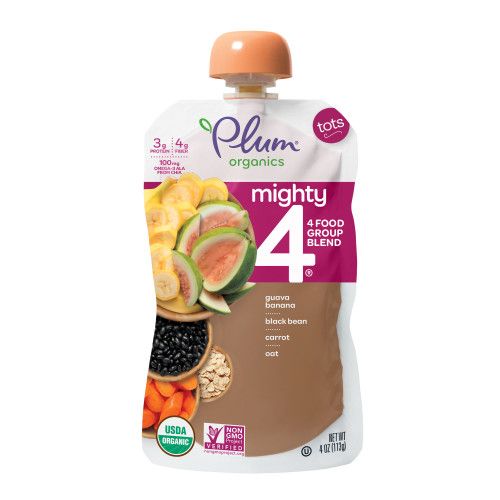 Photo 1 of **Exp 11/20/24**
Plum Organics Mighty 4 Organic Toddler Food Guava Banana Black Bean Carrot and Oat 4 Oz Pouch (6 Pack)