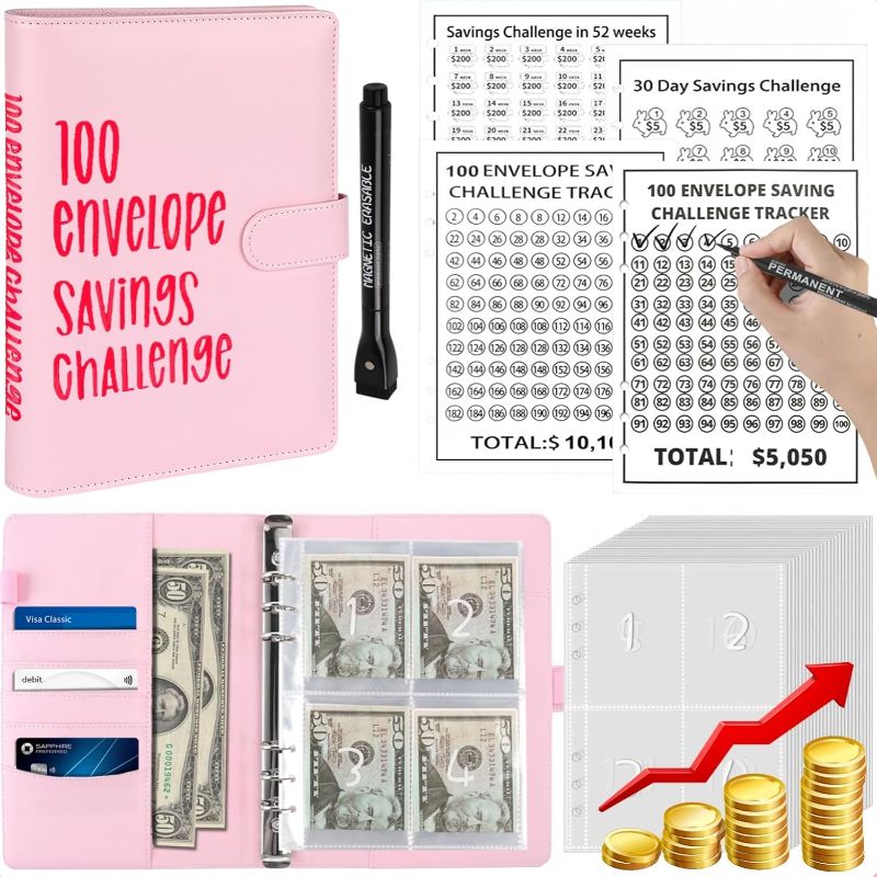 Photo 1 of 00 Envelopes Money Savings Challenges Book with Envelopes, 100 Day Challenge Money Saving Budget Binder for Cash Saving, Motivational Process to Save $5050,10,100, 10,000, 500 (Pink)