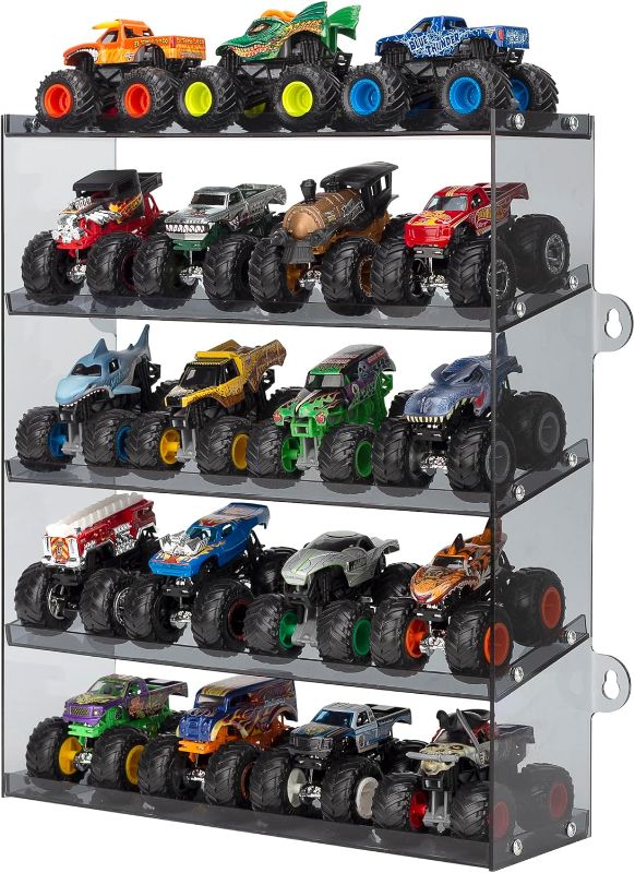 Photo 1 of Assembly Monster Jam Trucks Display Case Holding for 20 Monster Trucks Acrylic Storage Case 5 Tiers Monster Trucks Organizer with Tilted Design, All-around Display Case of Toy Trucks (5 Tiers Gray)
