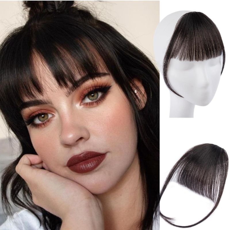 Photo 1 of Bangs Hair Clip in Bangs 100% Real Human Hair Extensions Brown Black Air Bangs Clip on Wispy Bangs For Women Fringe with Temples Hairpieces(Air Bangs, Brown Black?