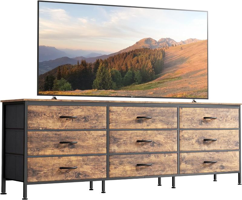 Photo 1 of 9 Drawer Dresser, 63 Inch Dresser TV Stand for 55, 65, 70 Inch TV, Entertainment Center with Drawers, Large Long Fabric Dresser for Bedroom, Closet, Rustic Brown