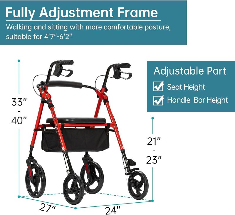 Photo 4 of (READ FULL POST) ELENKER Rollator Walker with 10” Wheels, Sponge Padded Seat and Backrest, Fully Adjustment Frame for Seniors, Red