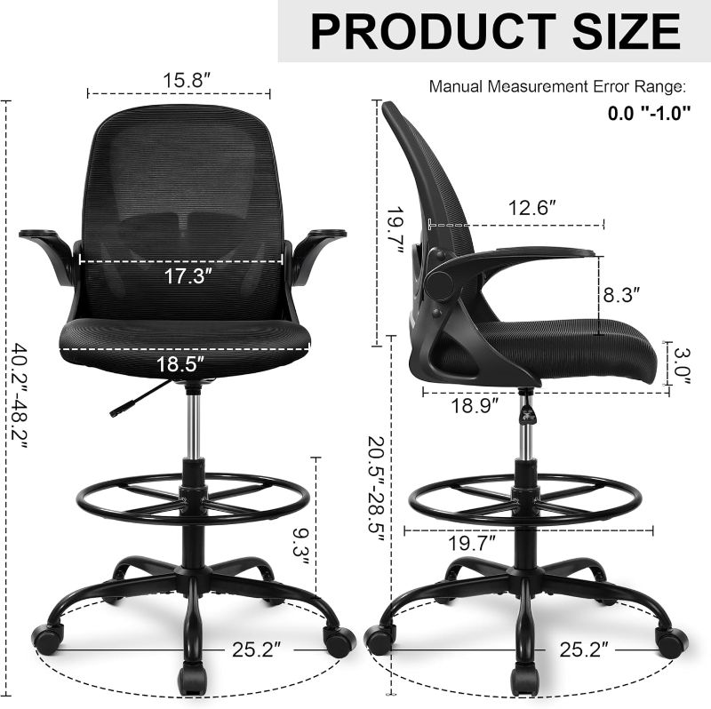 Photo 4 of (READ FULL POST) Primy Drafting Chair Tall Office Chair with Flip-up Armrests Executive Ergonomic Computer Standing Desk Chair with Lumbar Support and Adjustable Footrest Ring (Black)