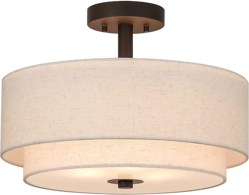 Photo 1 of *STOCK PHOTO JUST FOR REFERENCE* XiNBEi Lighting Drum Semi Flush Light, 3 Light Semi Flush Mount Ceiling Light Fixture with Fabric Shade Modern Close to Ceiling Light for Bedroom & Living Room Dark Bronze Finish XB-SF1289-DB
