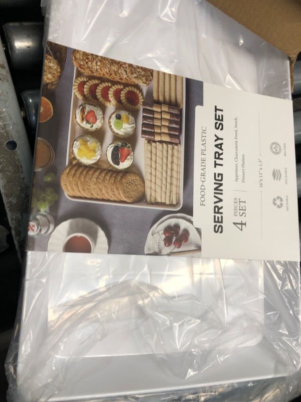 Photo 1 of 4-Pack 16" x 11" Large White Serving Trays Set - Reusable Plastic Serving Platters for Cookie, Appetizer, Charcuterie, Snack, Dessert, Party Food Display - Stackable Kitchen CounterTop Tray, BPA Free
