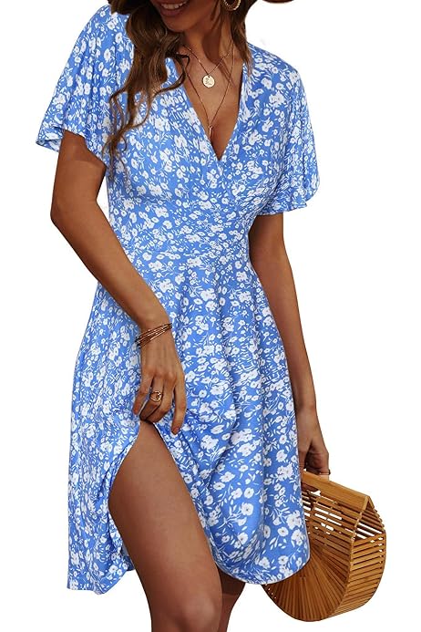 Photo 1 of ***SIZE SMALL*** FENSACE Womens Sundress Summer Floral Short Sleeve Wrap V Neck A-Line Midi Dress
