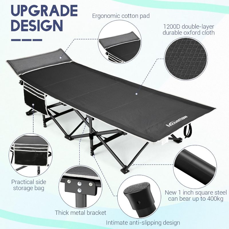 Photo 1 of ***USED - DIRTY***
Nictemaw Folding Camping Cot for Adults, Heavy Duty Camping Bed Sleeping Cot and Carry Bag, 900 LBS Double Layer Oxford Portable Travel Camp Cots Outdoor Cot for Camp, Office, Home, Black