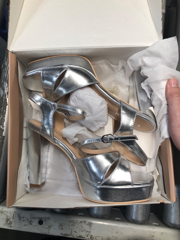 Photo 2 of (READ FULL POST) LALA IKAI Women's Silver Platform Heels Chunky High Heels Square Toe Ankle Strap Heeled Sandals Wedding Party Evening, 8/38.5