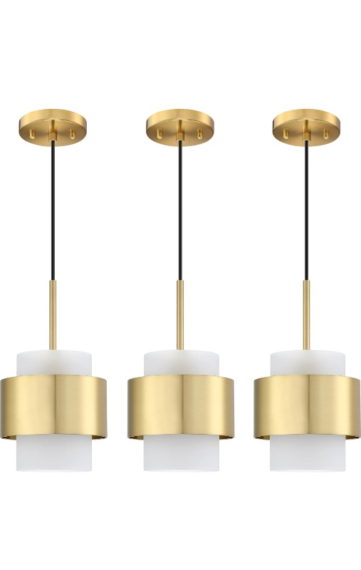 Photo 1 of 3 Pack 1 Light Hanging Indoor Kitchen Island Pendant Ceiling Light Fixture,5.5" Drum Frosted Glass Chandelier Shade Brushed Bronze Finish Modern Farmhouse Dinning Over Sink