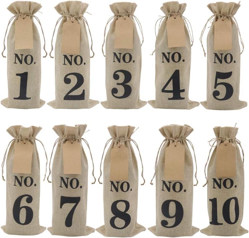 Photo 1 of 
HRX Package 10pcs Burlap Wine Bags with Tags for Blind Wine Tasting, Numbered Hessian Cloth Glass Bottle Gift Bags for Christmas Wedding Party Decoration