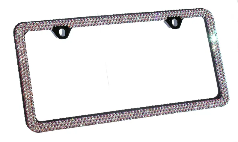 Photo 1 of 3 Row CRYSTAL AB Bling Crystal on METAL License Plate made w/ Swarovski Elements Crystals and 2 Caps
