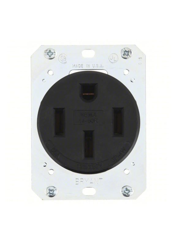 Photo 1 of 
Click image to open expanded view
Bryant 9450FR Industrial Grade 50 Amp NEMA 14-50 Receptacle, Made in USA, Single Flush, 3 Pole 4 Wire Grounding 125/250V, Black