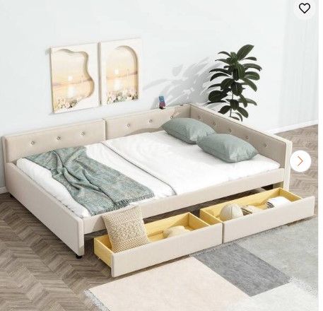 Photo 1 of **SEE NOTES // PARTIAL SET** Beige Wood Frame Full Size Linen Upholstered Platform Bed with USB Ports and 2 Storage Drawers