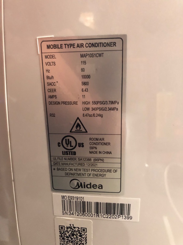 Photo 5 of ***USED - MISSING PARTS - UNTESTED - SEE COMMENTS***
Midea 3-in-1 Portable Air Conditioner, Dehumidifier, Fan, for Rooms Up to 200 Sq ft Enabled, 10,000 BTU Doe (5,800 BTU SACC) Control with R MAP10S1CWT