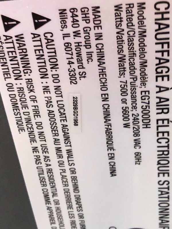 Photo 1 of ***USED - LIKELY MISSING PARTS - UNABLE TO VERIFY FUNCTIONALITY***
Dyna-Glo 7,500-Watt Dual Heat Electric Garage Heater with Remote 220V Connection