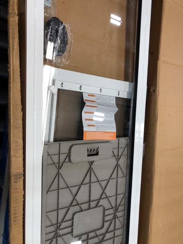 Photo 2 of ***USED - MISSING PARTS - FRAME BENT - SEE PICTURES***
PetSafe 1-Piece Sliding Glass Pet Door for Dogs & Cats - Adjustable Height 91 7/16" to 96"- Large-Tall, White, No-Cut Install, Aluminum Patio Panel Insert, Great for Renters or Seasonal Installation