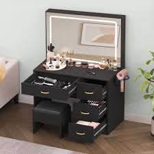 Photo 1 of 36" Modern Mirror Makeup Vanity with 4 Drawers Charging Station and Light Strip, Black
