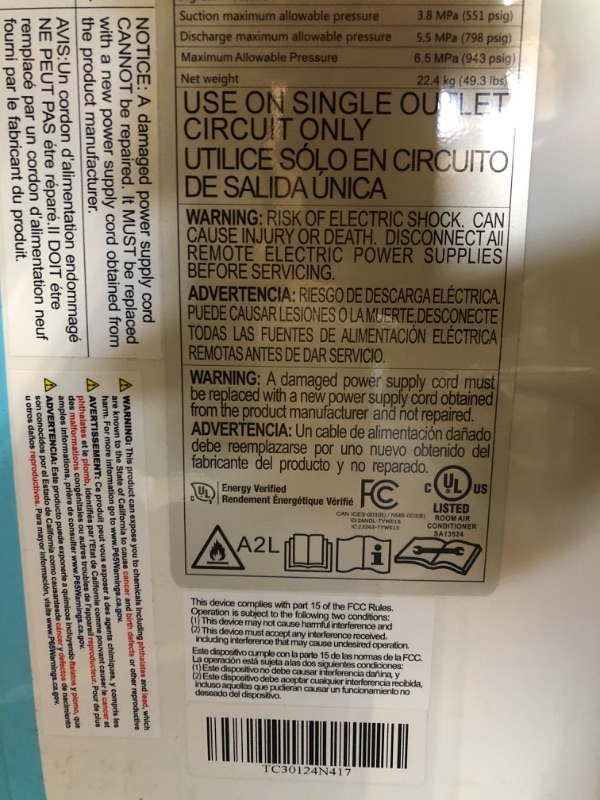 Photo 4 of ***DAMAGED - NO PACKAGING - SEE COMMENT***
Westinghouse 12,000 BTU Air Conditioner Portable For Rooms Up To 550 Square Feet, Portable AC with Home Dehumidifier, Smart App, 3-Speed Fan, Programmable Timer, Remote Control, Window Kit,White 12,000 BTU with S