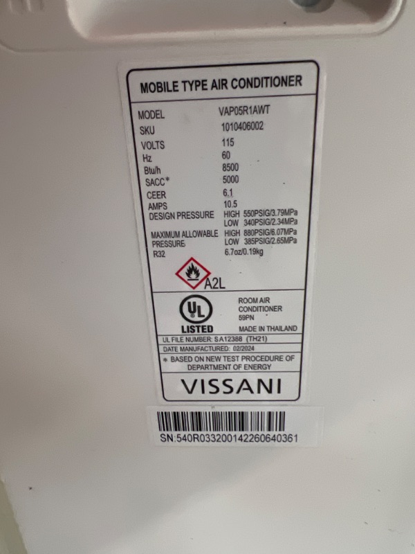 Photo 2 of  Vissani 5,000 BTU 115-Volt Portable Air Conditioner for 150 sq. ft. Rooms with Dehumidifier and Remote in White