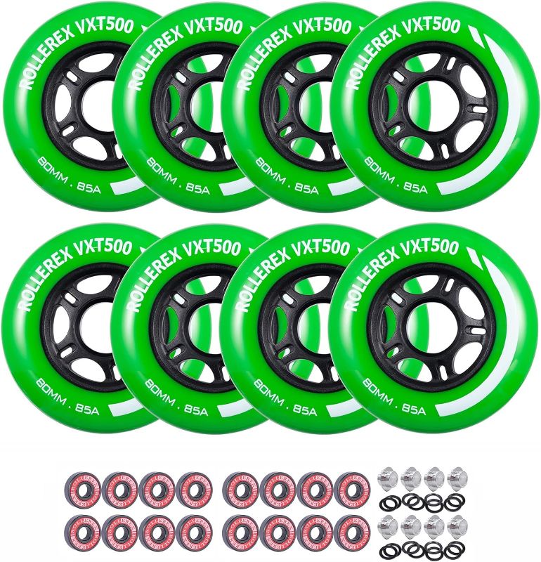 Photo 1 of **missing hardware**
XT500 Inline Skate Wheels (8 Wheels w/Bearings, spacers and washers) (Various Size & Color Options Available) - for Indoor, Outdoor, Hockey - Intended for Roller Blade Wheel Replacement
