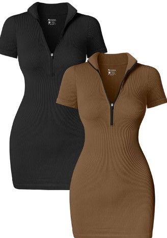 Photo 1 of [2 Pieces]Zip Front Short Sleeve Mini Dress-LARGE 
