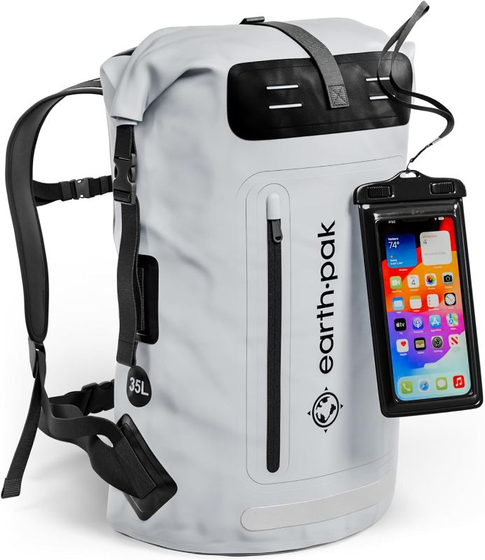 Photo 1 of 
Earth Pak Waterproof Backpack - Heavy Duty Hiking Backpack - Roll-Top Closure - Waterproof Bag - Cushioned Dry Bags Waterproof w/ IPX8 Waterproof Phone Case.