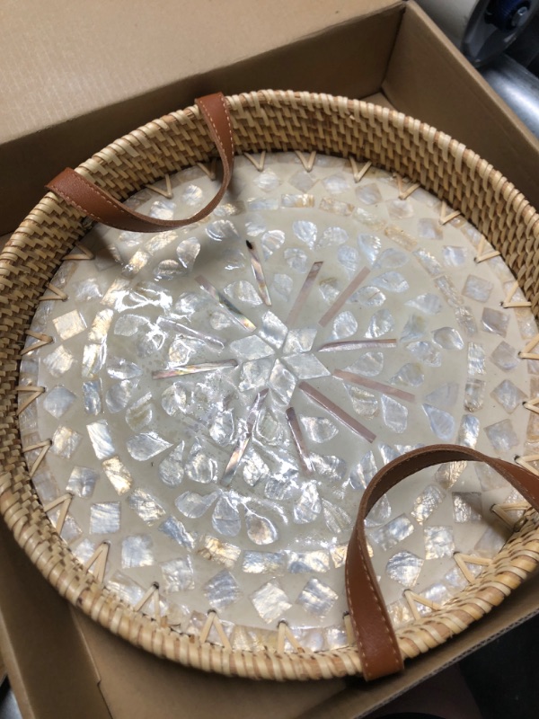 Photo 2 of ***STOCK PHOTO REFERENCE ONLY***
Rattan Tray with Mother of Pearl Inlay, Round Rattan Serving Tray with Wooden Base, Decorative Wicker Basket for Table Decor, Mosaic Tray for Storage and Display of Jewelry Coffee Bread(Pearl White)