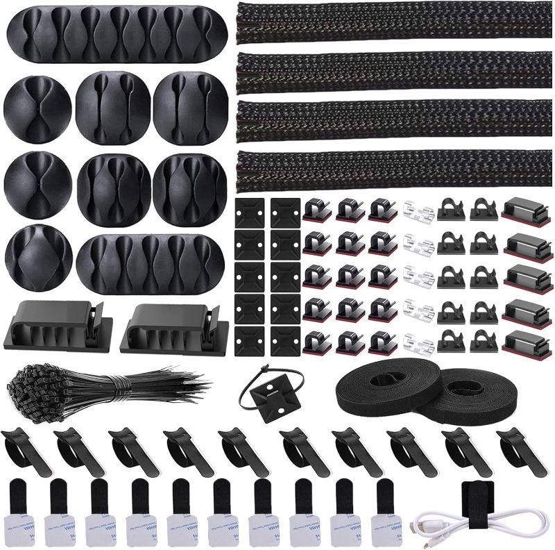 Photo 1 of  Cord Management Organizer Kit 4 Cable Sleeve Split with 41Self Adhesive Clips Holder, 10pcs and 2 Roll Self tie 100 Fastening Ties for TV Office Car Desk Home Black