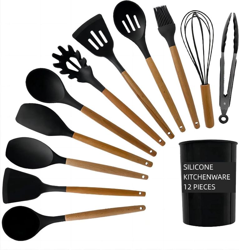 Photo 1 of 12-Piece Silicone Cooking Utensil Set, BPA Free Kitchen Utensils set, Heat Resistant Silicone Kitchenware,Kitchen Gadgets,Cookware Friendly – Essential Kitchen Tools Collection(Black)
